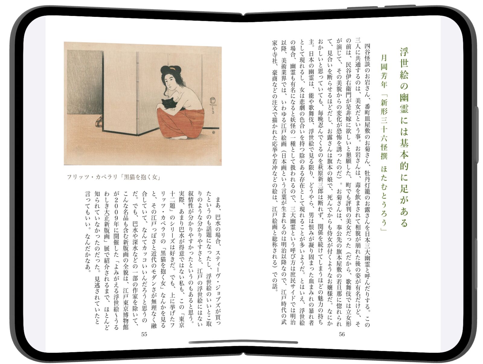ブックポーズ、没入モード。見開きの綴じ目がヒンジに乗り、左右のページがそれぞれの画面に収まります。